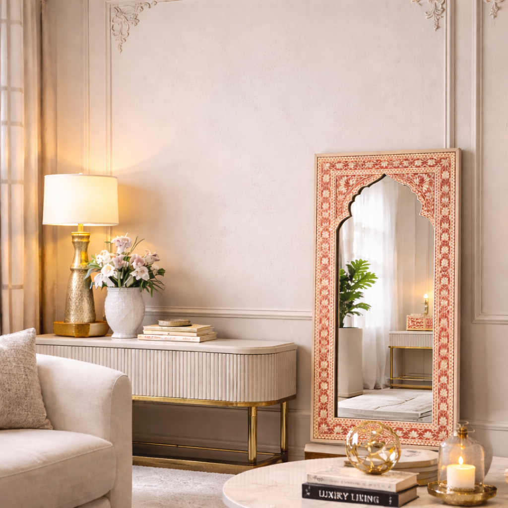 Handcrafted Inlay Arched Wall Mirror – Luxury Floral Inlay Decorative Mirror