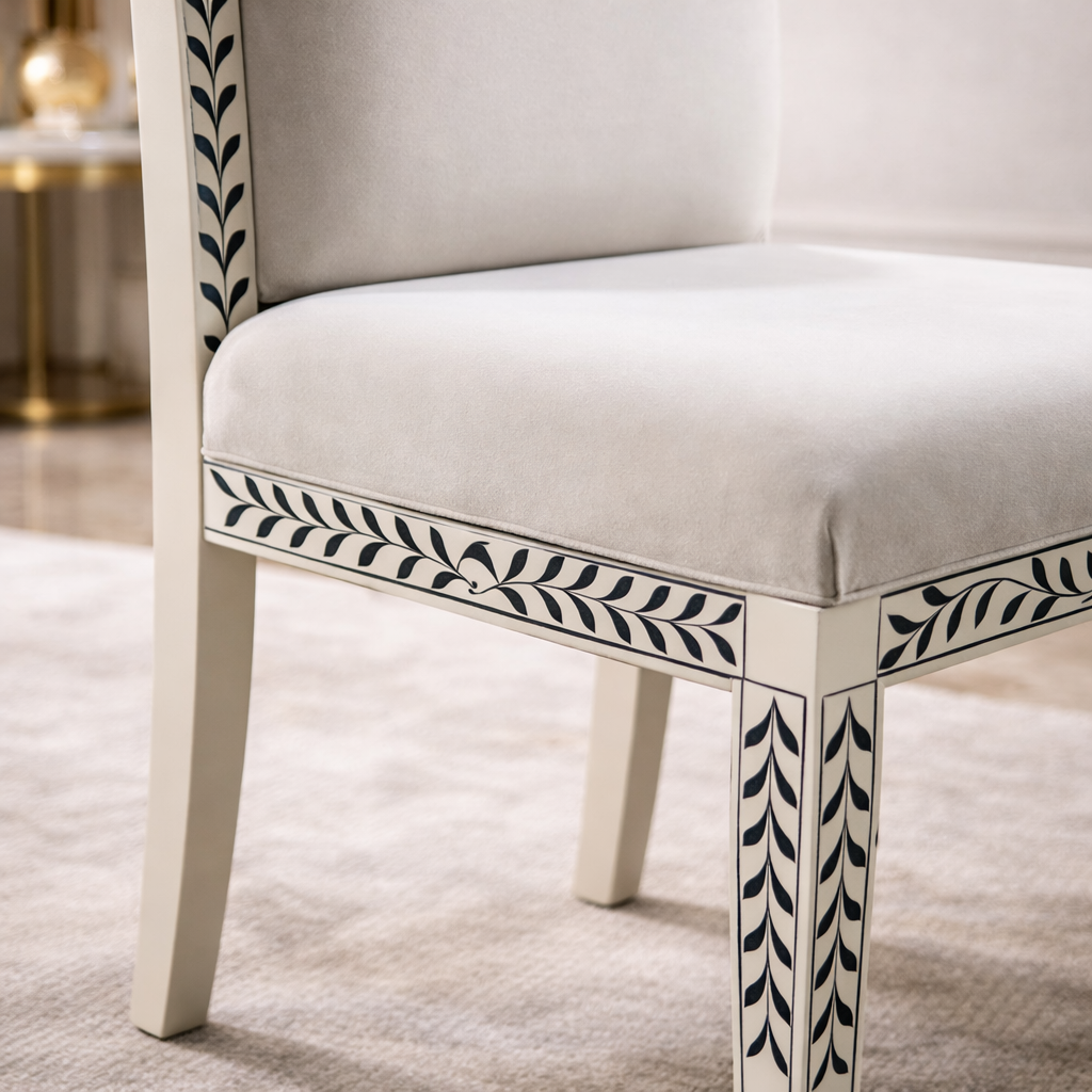 Handcrafted Inlay Dining Chair | Luxury Upholstered Accent Chair | Elegant Designer Dining Room Chair