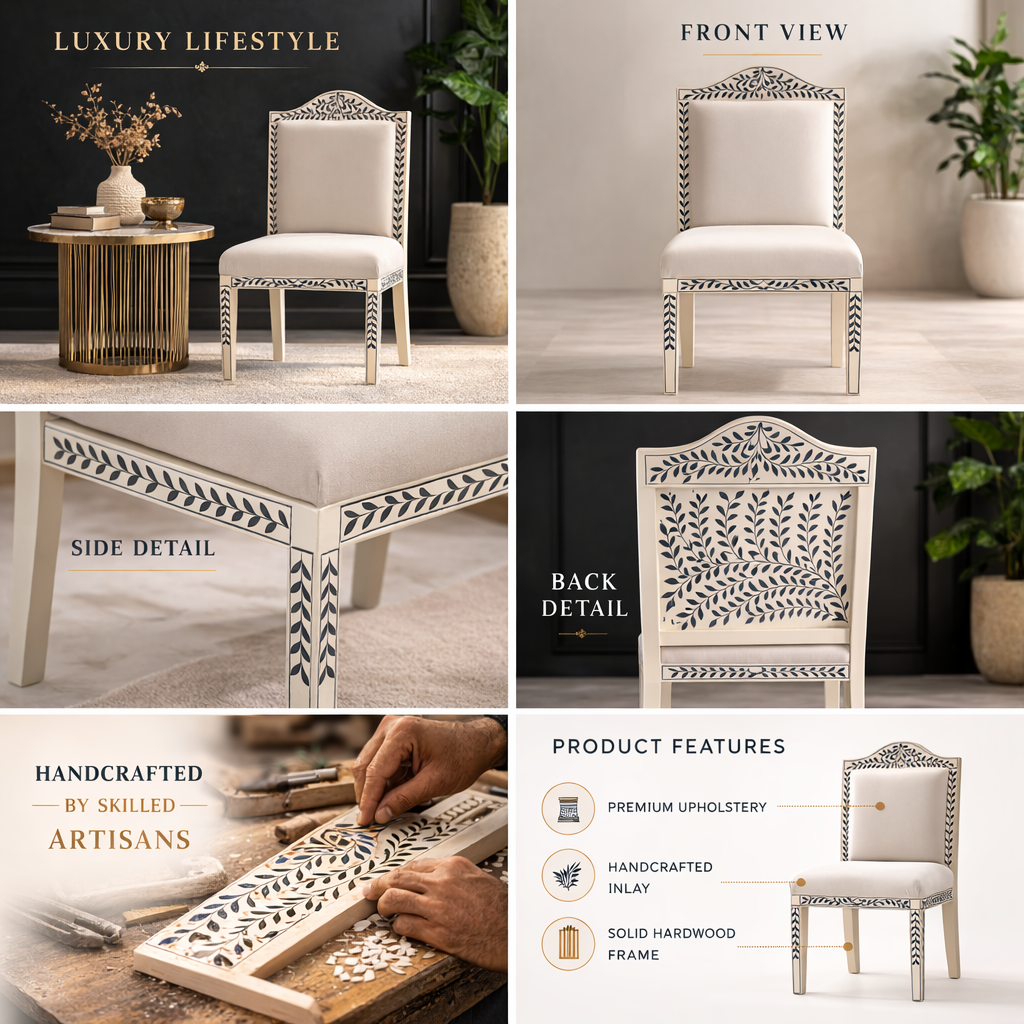 Handcrafted Inlay Dining Chair | Luxury Upholstered Accent Chair | Elegant Designer Dining Room Chair