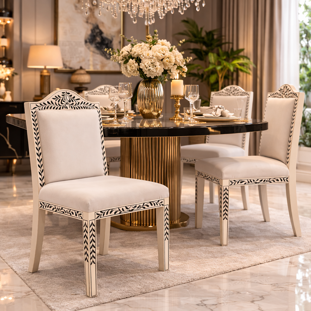 Handcrafted Inlay Dining Chair | Luxury Upholstered Accent Chair | Elegant Designer Dining Room Chair