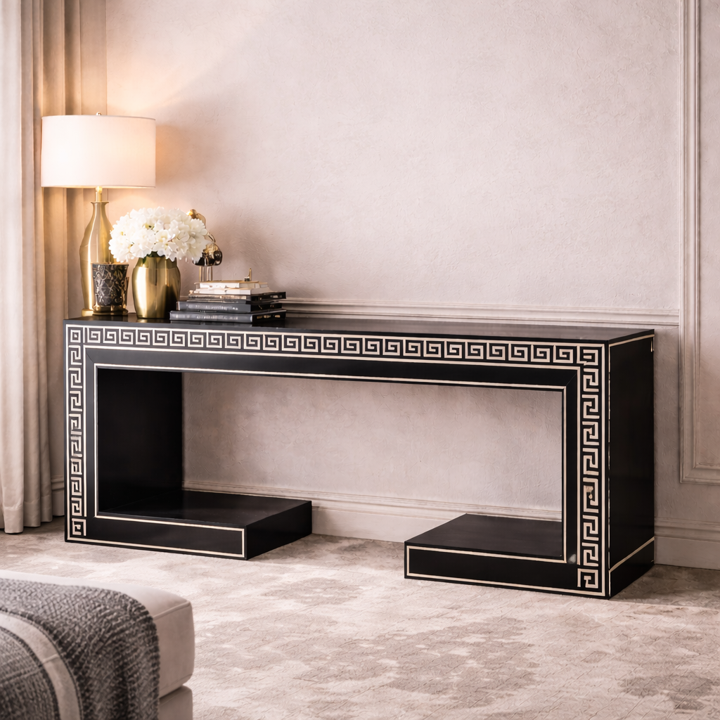 Luxury Black Greek Key Console Table | Handcrafted Designer Entryway & Living Room Table