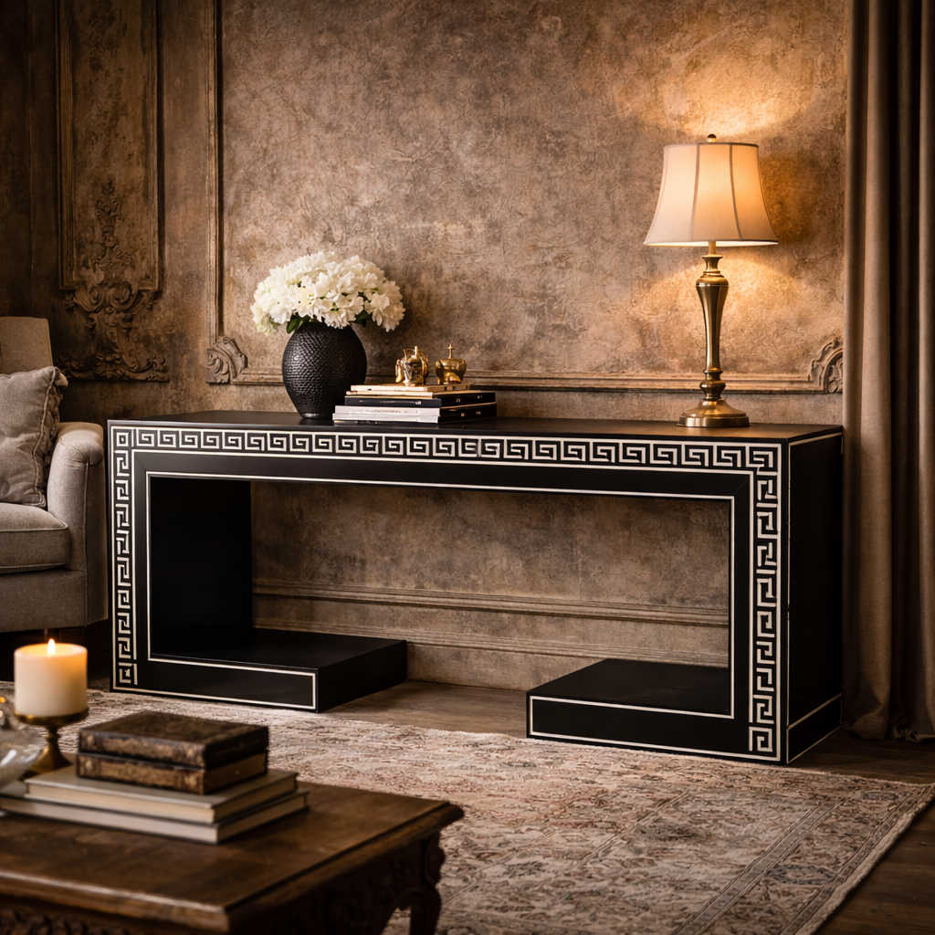Luxury Black Greek Key Console Table | Handcrafted Designer Entryway & Living Room Table
