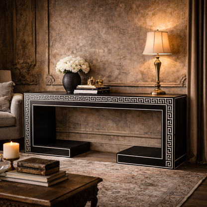 Luxury Black Greek Key Console Table | Handcrafted Designer Entryway & Living Room Table