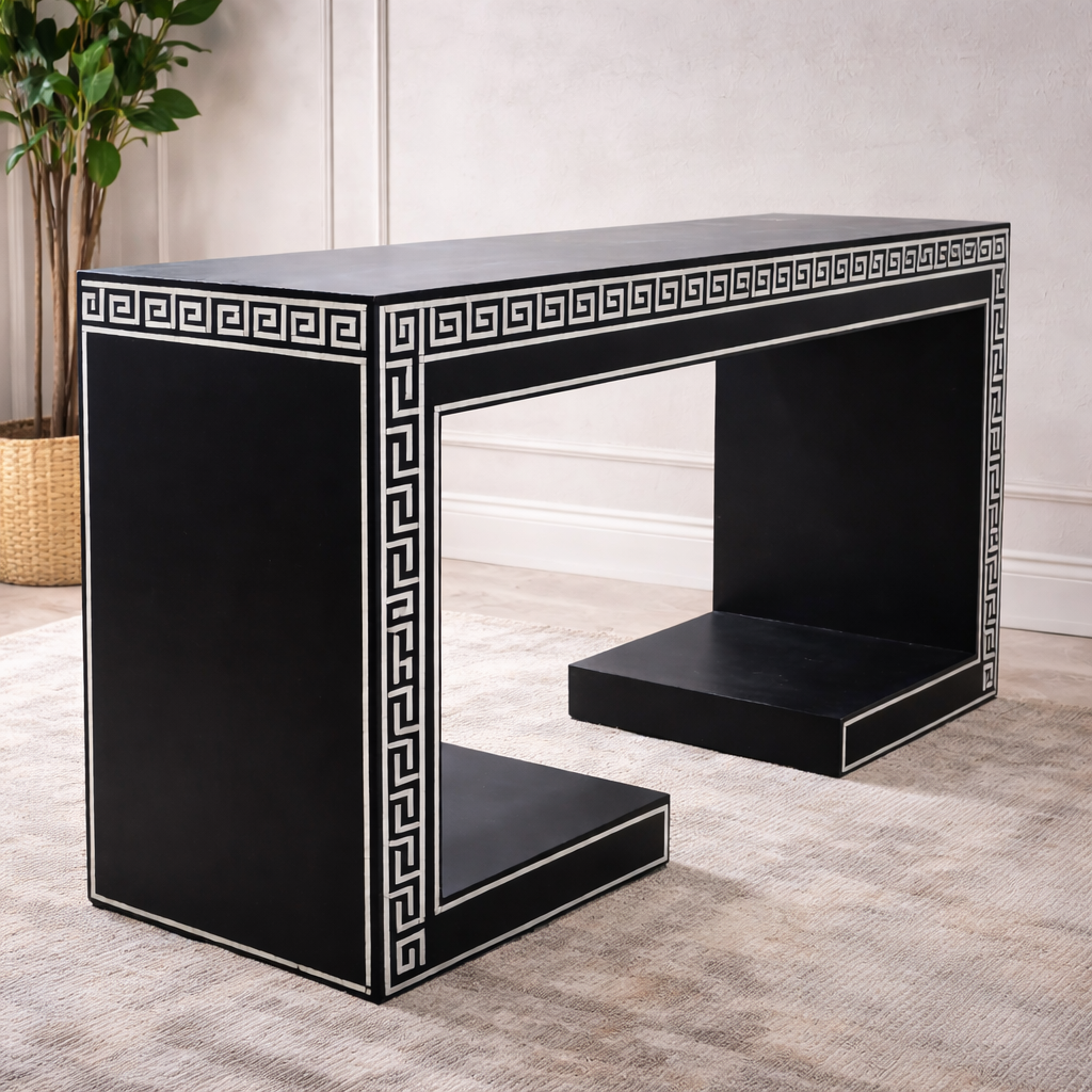 Luxury Black Greek Key Console Table | Handcrafted Designer Entryway & Living Room Table