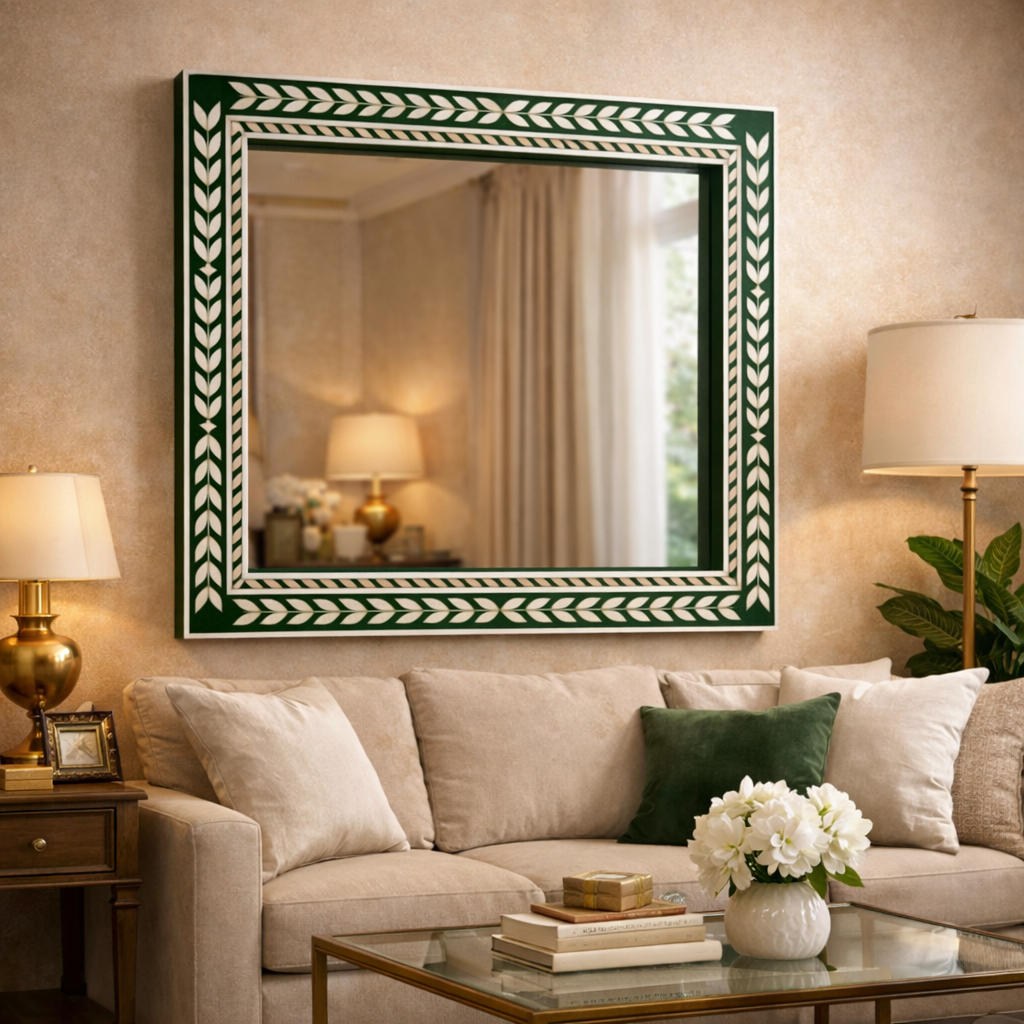 Luxury Green Handcrafted Inlay Wall Mirror – Decorative Frame Mirror