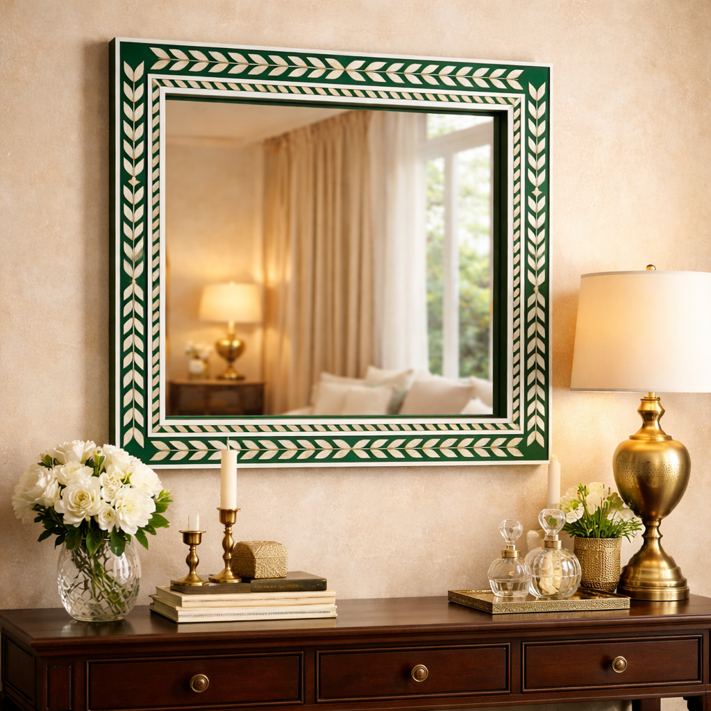 Luxury Green Handcrafted Inlay Wall Mirror – Decorative Frame Mirror
