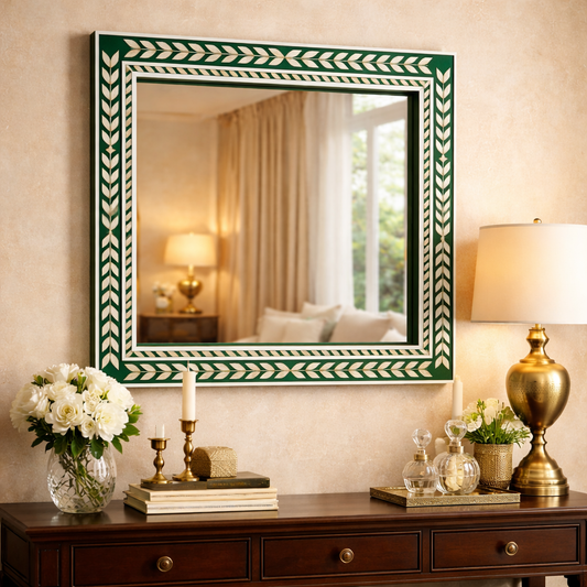 Luxury Green Handcrafted Inlay Wall Mirror – Decorative Frame Mirror