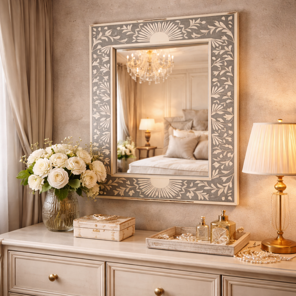 Luxury Handcrafted Floral Inlay Wall Mirror – Decorative Modern Statement Mirror