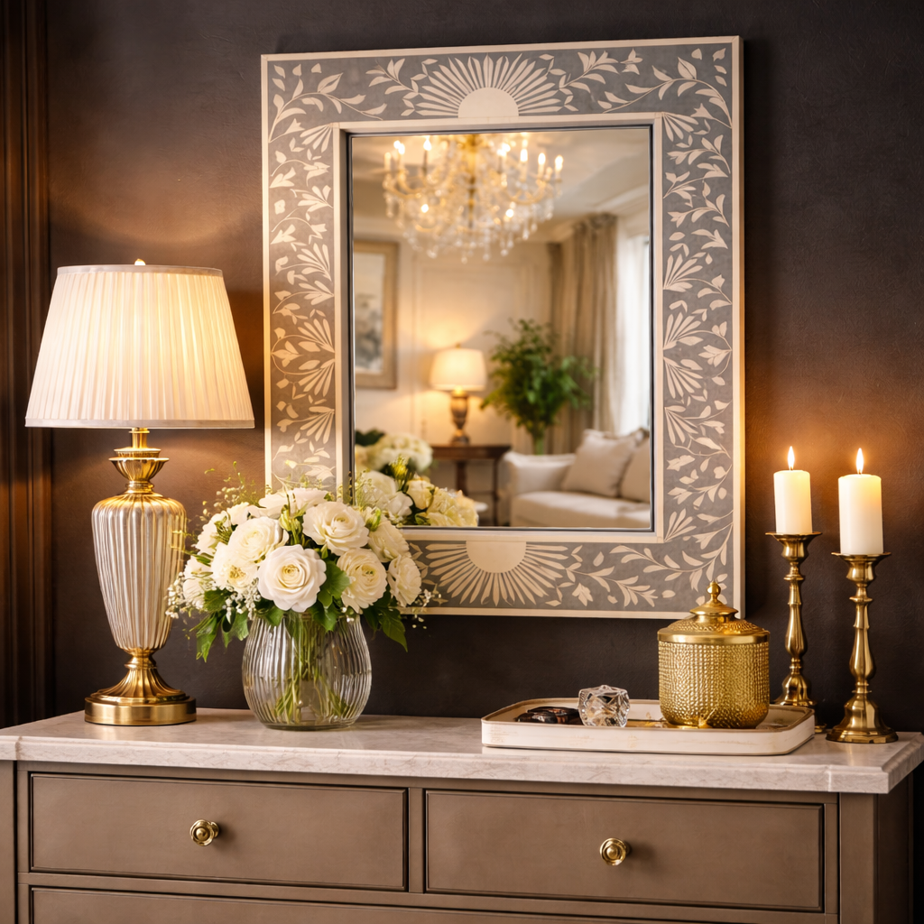 Luxury Handcrafted Floral Inlay Wall Mirror – Decorative Modern Statement Mirror