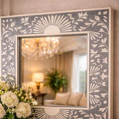 Luxury Handcrafted Floral Inlay Wall Mirror – Decorative Modern Statement Mirror