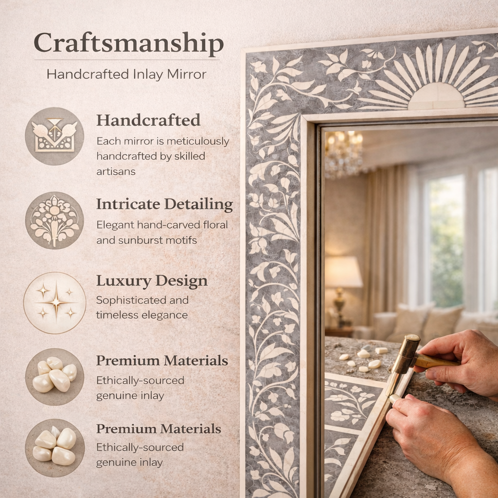 Luxury Handcrafted Floral Inlay Wall Mirror – Decorative Modern Statement Mirror