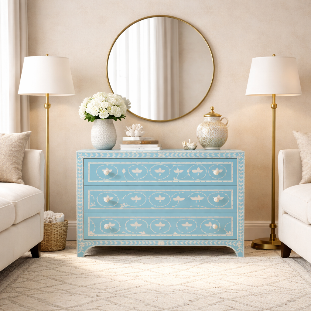 Luxury Blue Inlay Chest of Drawers – Handcrafted Floral Design, 4 Drawer Storage Cabinet