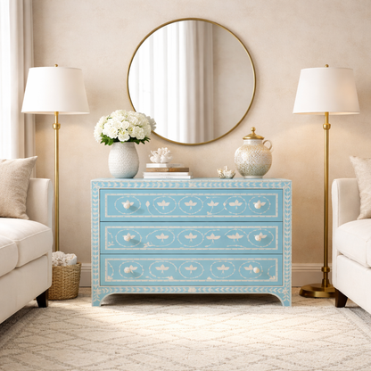 Luxury Blue Inlay Chest of Drawers – Handcrafted Floral Design, 4 Drawer Storage Cabinet