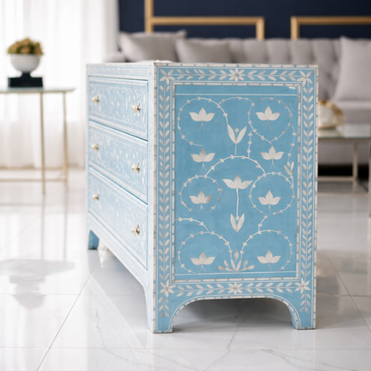 Luxury Blue Inlay Chest of Drawers – Handcrafted Floral Design, 4 Drawer Storage Cabinet