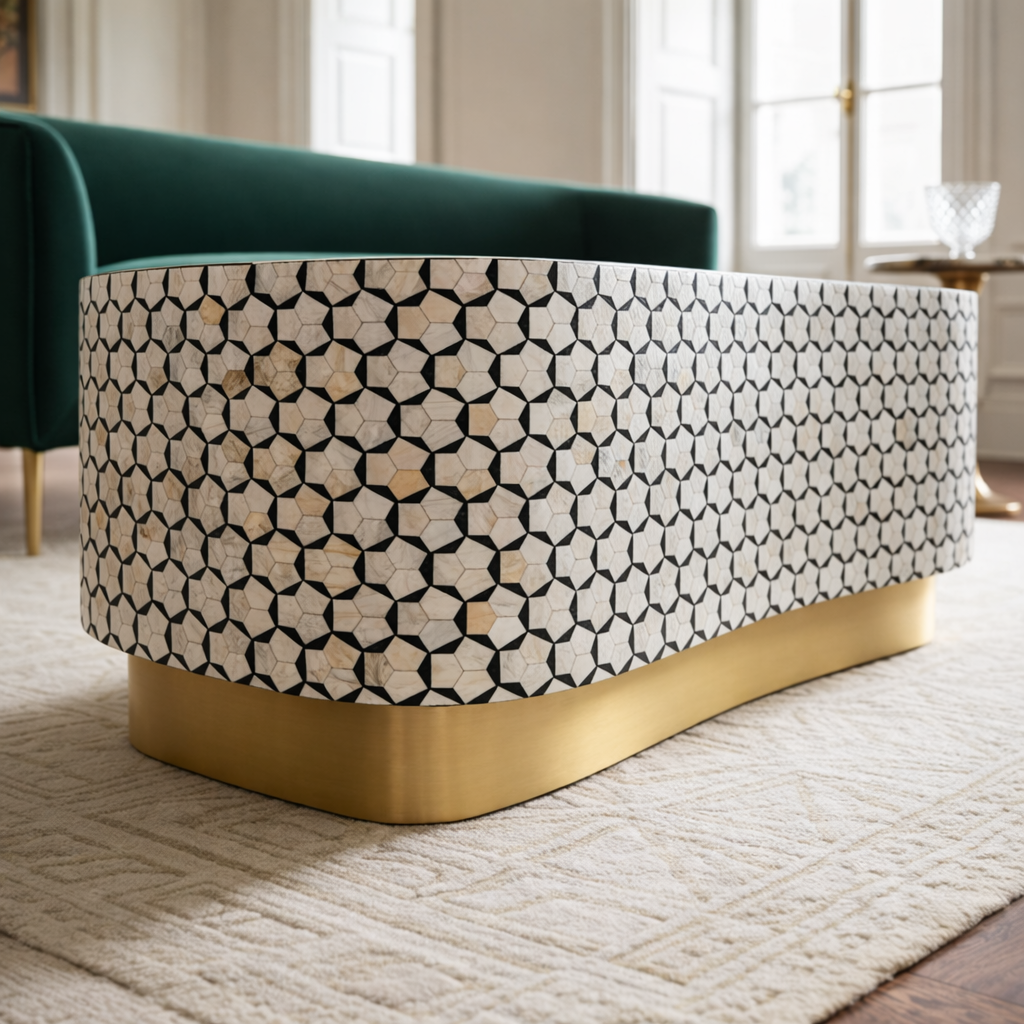 Luxury MOP Inlay Oval Coffee Table with Brass Base – Handcrafted Geometric Living Room Coffee Table