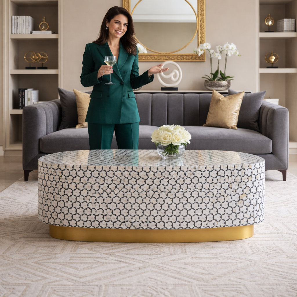 Luxury MOP Inlay Oval Coffee Table with Brass Base – Handcrafted Geometric Living Room Coffee Table