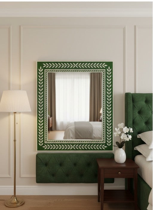 Emerald Leaf Bone Inlay Wall Mirror – Luxury Decorative Accent Mirror (24"W x 1"D x 30"H)