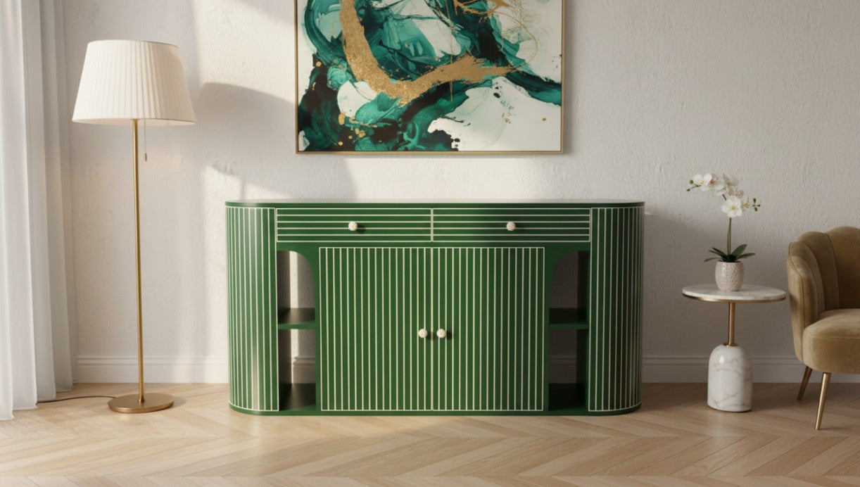 Green Inlay Luxury Console Cabinet with 2 Drawers, 2 Shutter Doors & Side Open Shelves