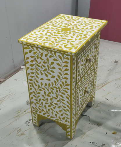 Luxury Handcrafted White & Mustard Floral Inlay Bedside Table – Elegant 2 Drawer Nightstand for Bedroom Decor