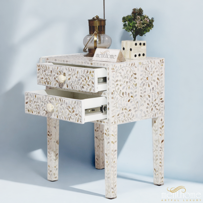 White Mother of Pearl inlay bedside table | Luxury Handmade Bedside Table