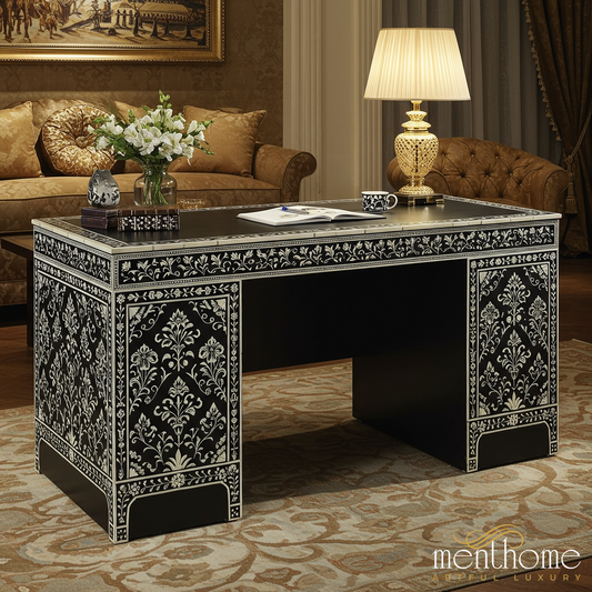 Vintage Floral Inlay Wooden Writing Desk | Luxury Handmade Desk