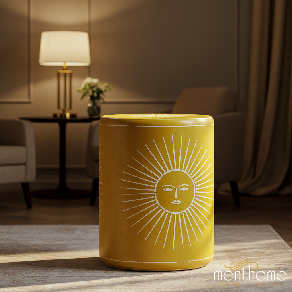 Yellow Sun Face Upholstered Pouf Ottoman | Luxury Handmade Stool