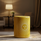 Yellow Sun Face Upholstered Pouf Ottoman | Luxury Handmade Stool