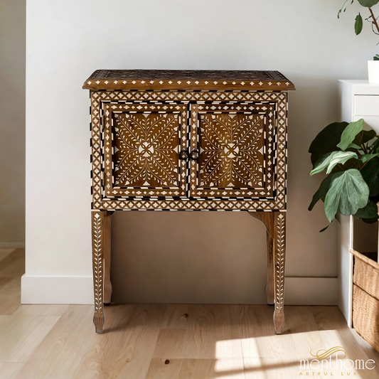 Teak Wood and Bone Inlay Bedside Table, Wooden Bone Inlay Storage Furniture | Luxury Handmade Bedside Table