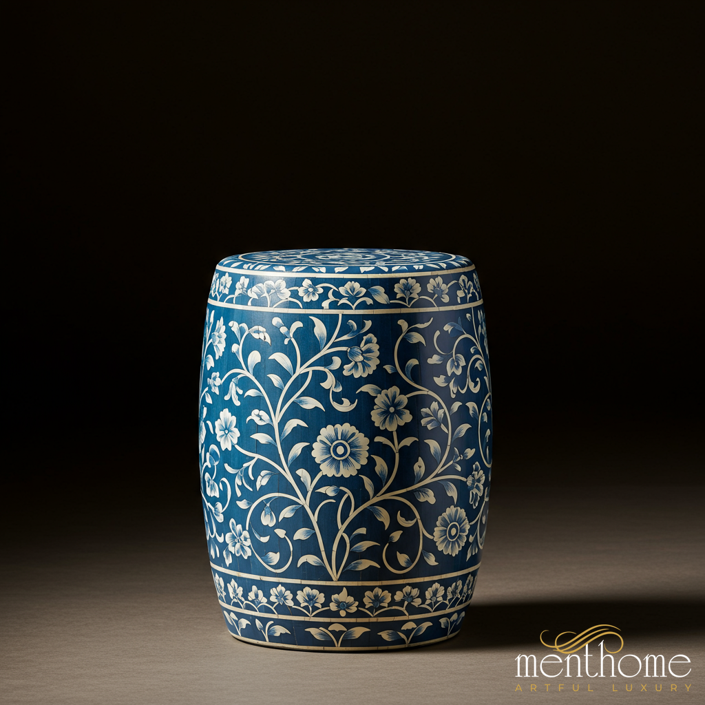 Blue Floral inlay Garden Stool | Luxury Handmade Stool