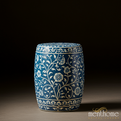 Blue Floral inlay Garden Stool | Luxury Handmade Stool
