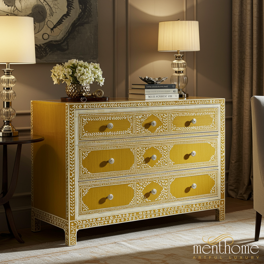 Hand-Painted Yellow Decorative Chest of Drawers | Luxury Handmade Chest of Drawer