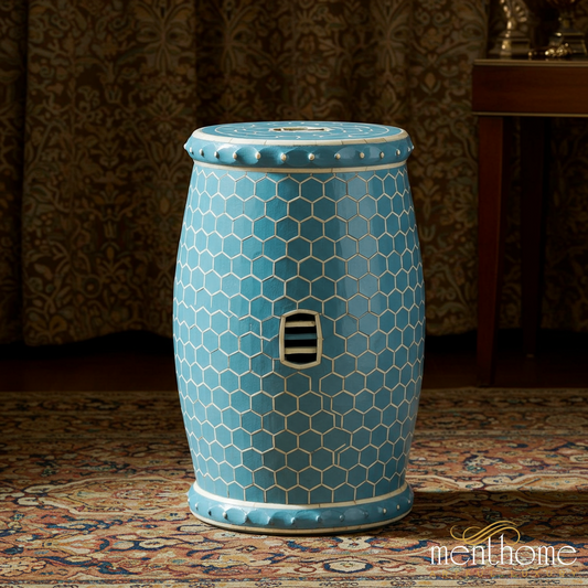 Blue inlay Garden Stool with Honeycomb Pattern | Luxury Handmade Stool