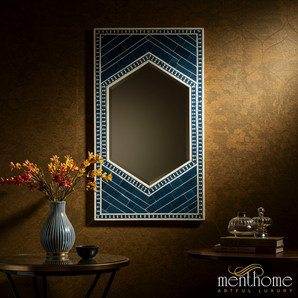 Hexagonal Blue Decorative Wall Mirror | Luxury Handmade Mirror