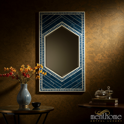 Hexagonal Blue Decorative Wall Mirror | Luxury Handmade Mirror