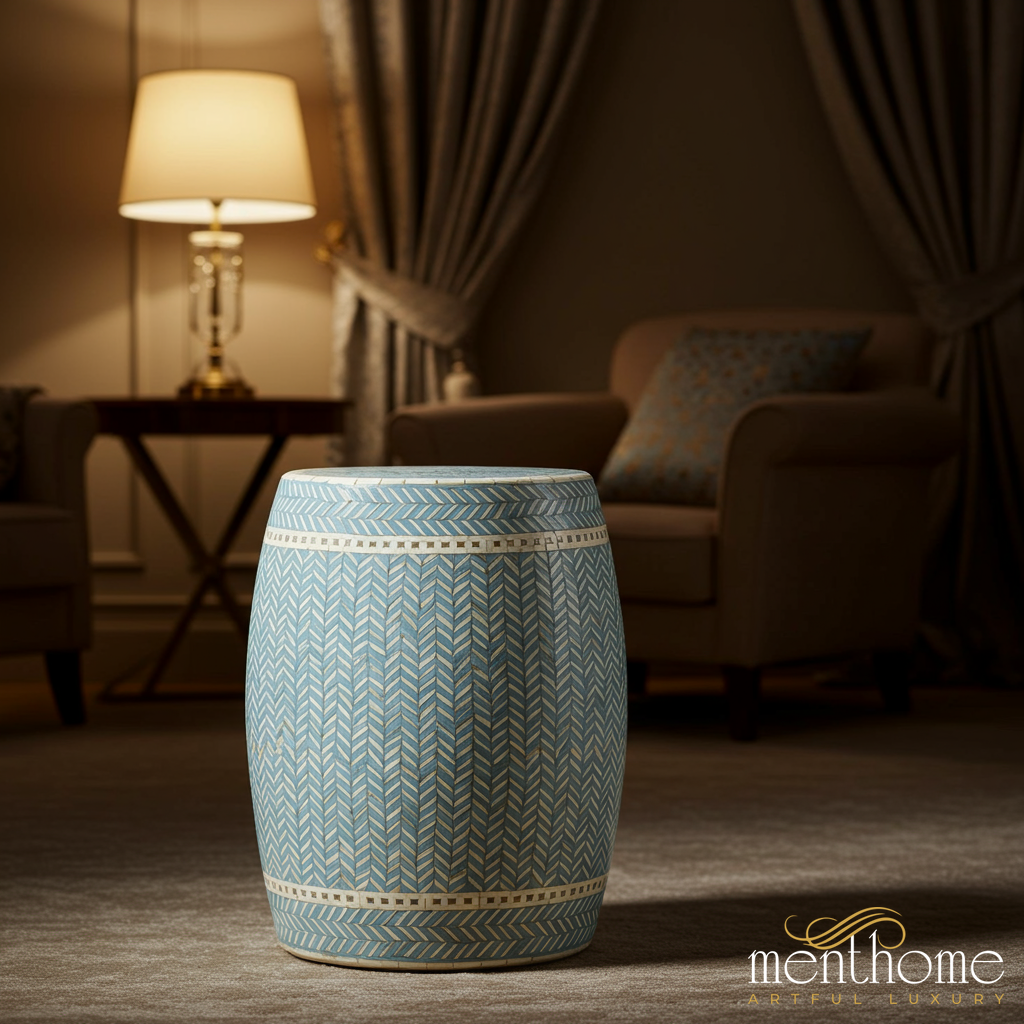 Blue Patterned inlay Garden Stool | Luxury Handmade Stool