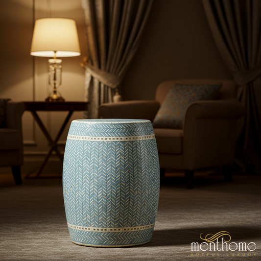 Blue Patterned inlay Garden Stool | Luxury Handmade Stool