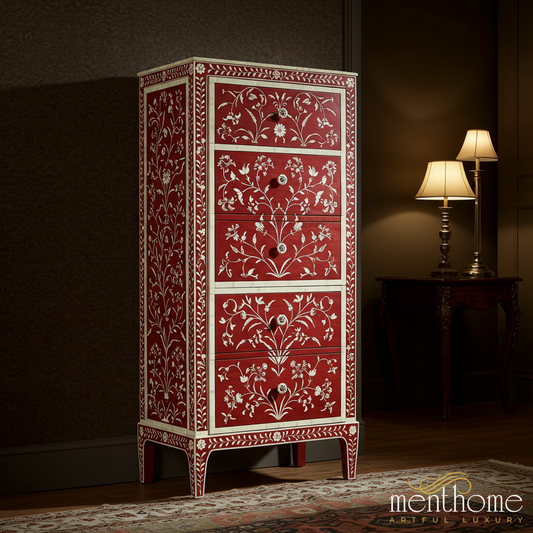 Handcrafted Red Floral Inlay Wooden Chest of Drawers | Luxury Handmade Tallboy