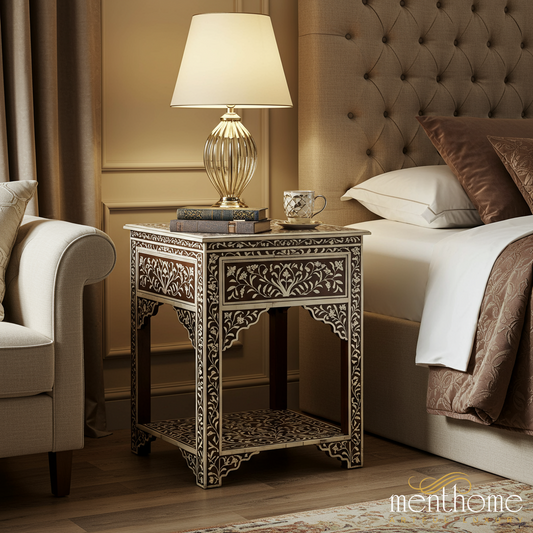 Intricately Carved Wood and Bone Inlay Side Table | Luxury Handmade Bedside Table