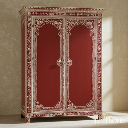 Handcrafted Red Wooden Wardrobe with Intricate White Floral Inlay | Luxury Handmade Wardrobe