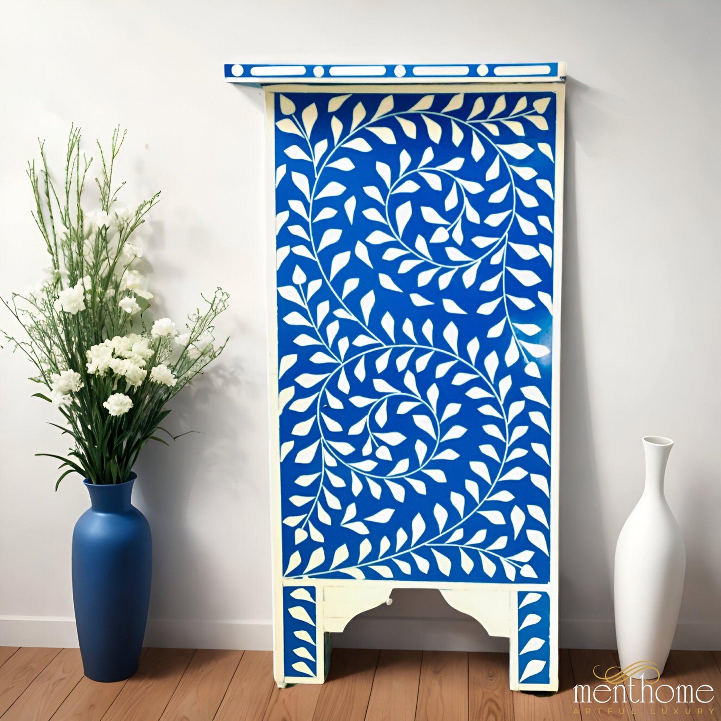 Floral Pattern Blue Resin Bedside Table | Luxury Handmade Bedside Table