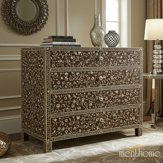 Handcrafted Inlay Floral Design Wooden Chest of Drawers | Luxury Handmade Chest of Drawer
