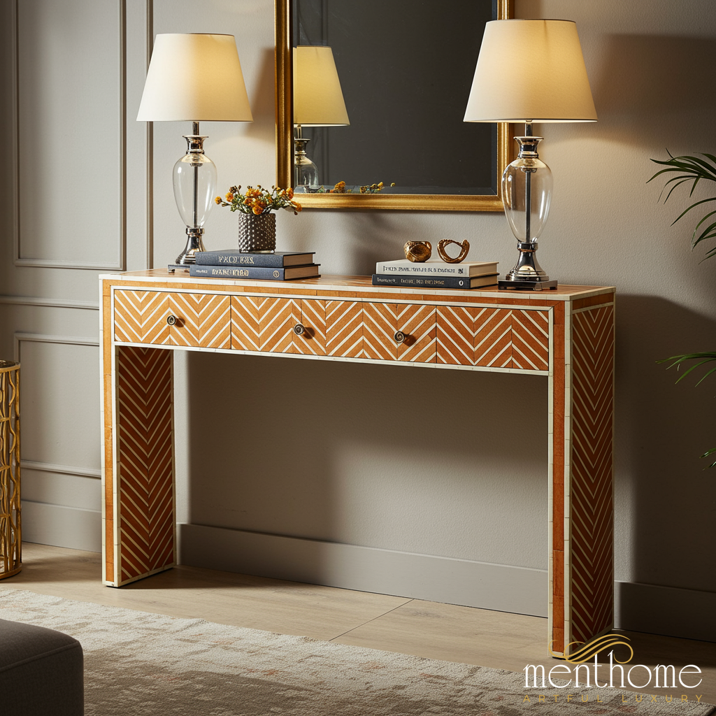 Chevron Pattern Wooden Console Table with Three Drawers | Luxury Handmade Console