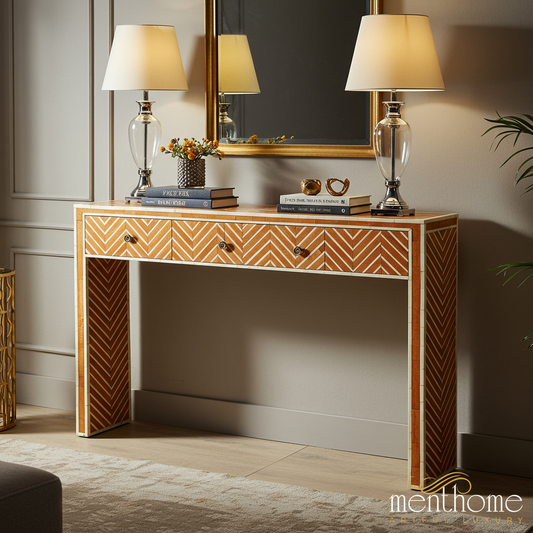 Chevron Pattern Wooden Console Table with Three Drawers | Luxury Handmade Console