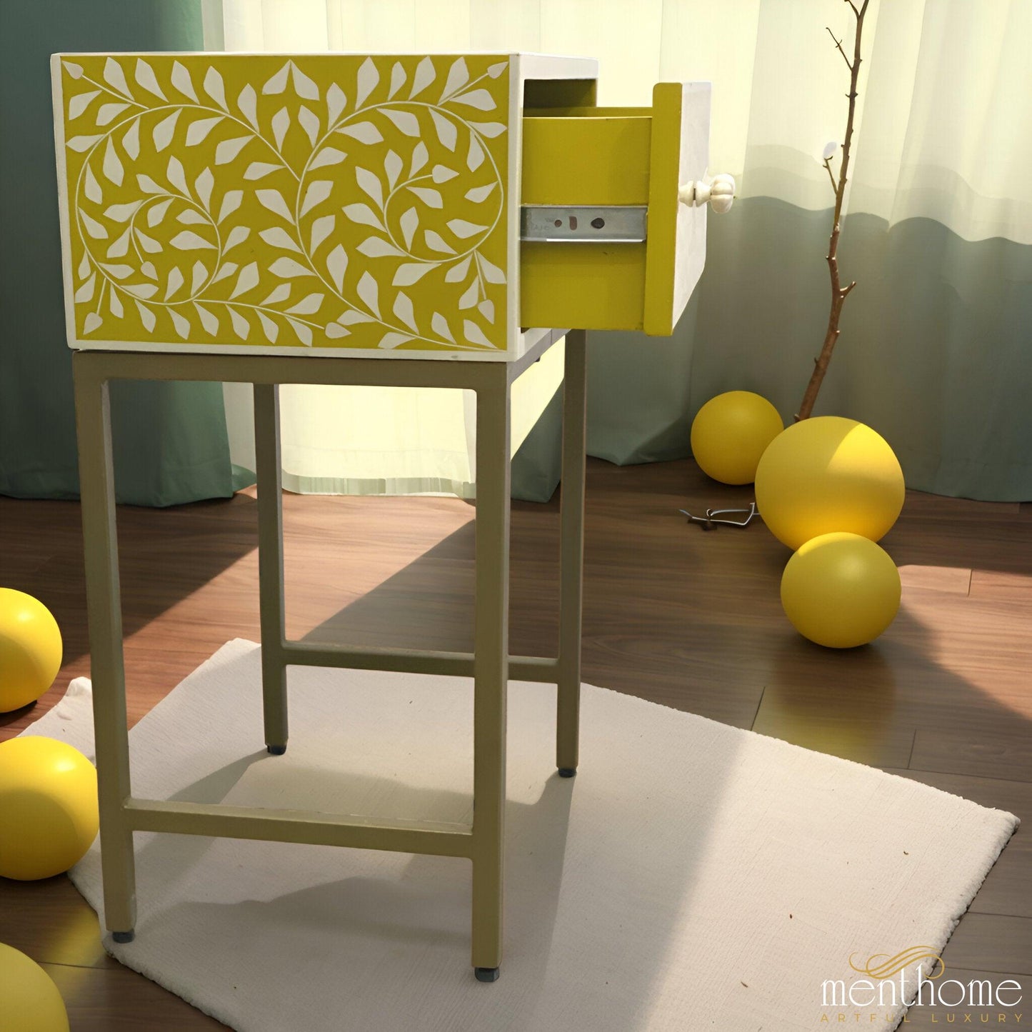 Floral Bedside Table Yellow Resin with Brass Stand | Luxury Handmade Bedside Table