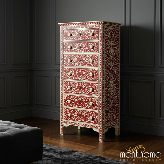 Handcrafted Red Floral Bone Inlay Chest of Drawers | Luxury Handmade Tallboy