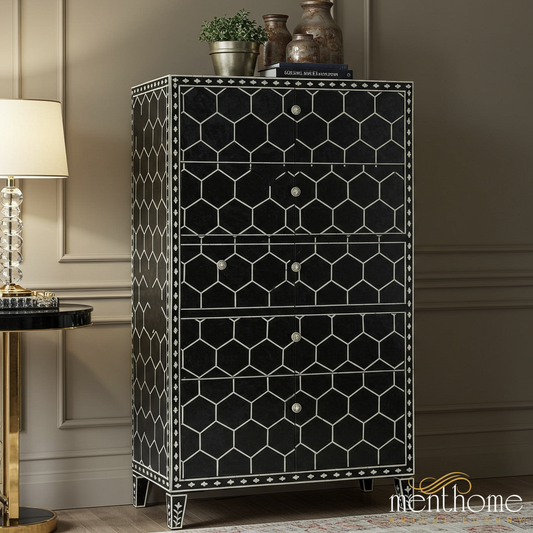Black Bone Inlay Hexagon Pattern Chest of Drawers | Luxury Handmade Tallboy