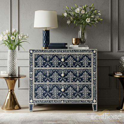 Handcrafted Blue and White Floral Three-Drawer Chest | Luxury Handmade Chest of Drawer