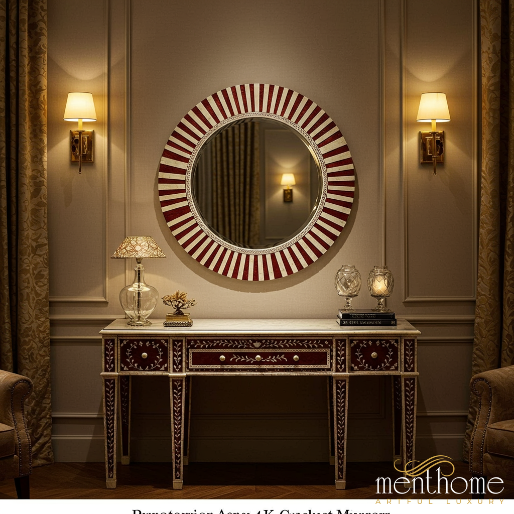 Vintage Red and White Striped Round Wall Mirror | Luxury Handmade Mirror