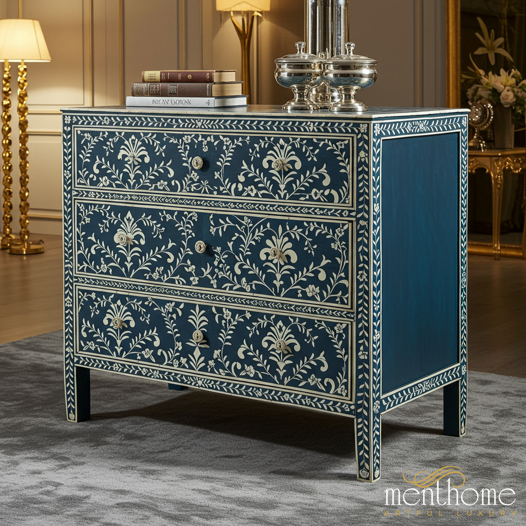 Handcrafted Blue Floral Inlay Wooden Chest of Drawers | Luxury Handmade Chest of Drawer