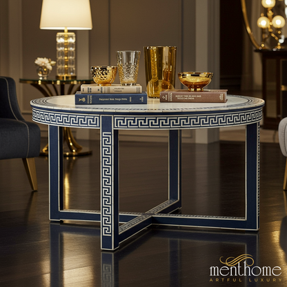 Elegant Round Coffee Table with Greek Key Pattern | Luxury Handmade Coffee Table